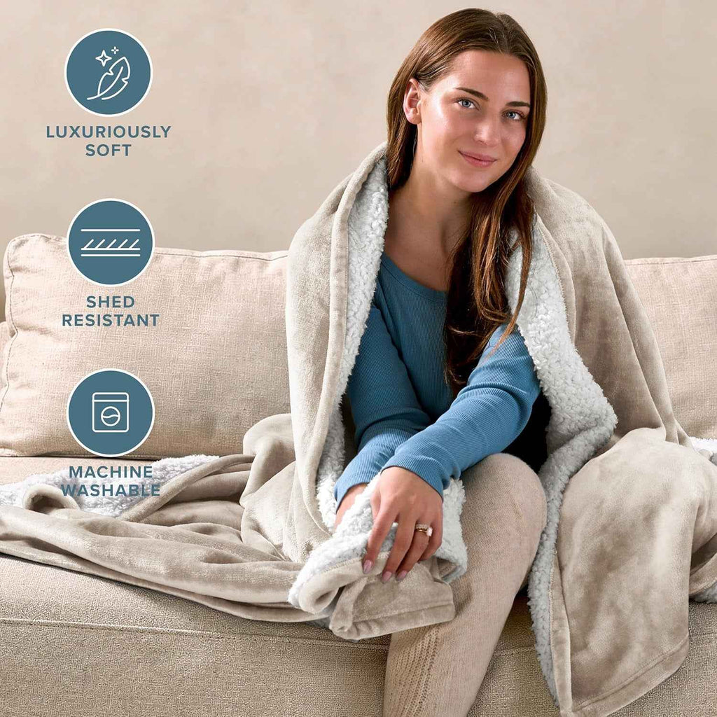 Sherpa Fleece Blanket - Throw/Travel Size - Blanket for Bed, Sofa, and Couch - Warm & Lightweight - Fluffy & Soft - Reversible (Throw/Travel, Oyster)