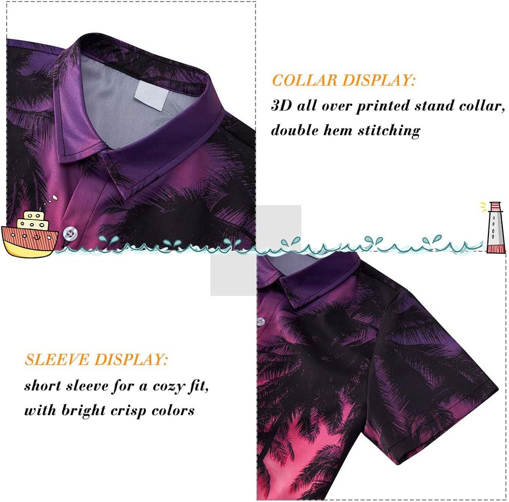 boys 7-8 Hawaiian tee with 3D printed stand collar and short sleeves in vibrant colors.