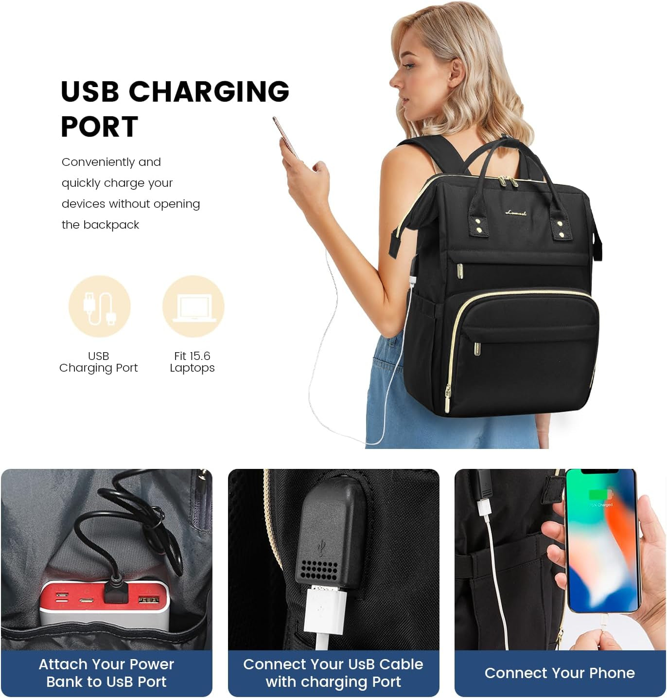 Laptop Backpack Women 15.6 Work Nurse Bag Black