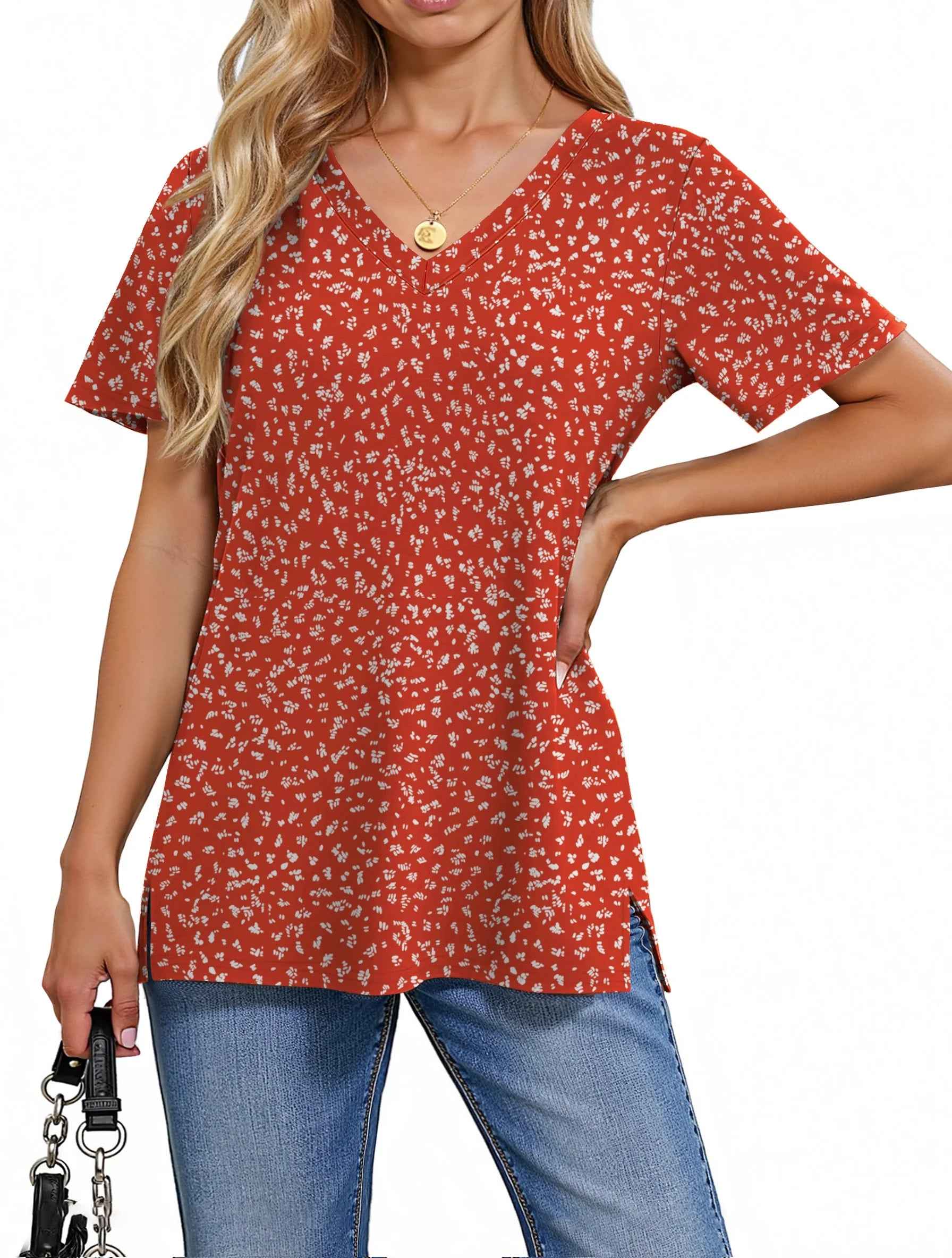 Camisetas Con Cuello En V Para Mujer, Blusas Florales De Verano, Camisetas De Manga Corta, Túnicas Casuales