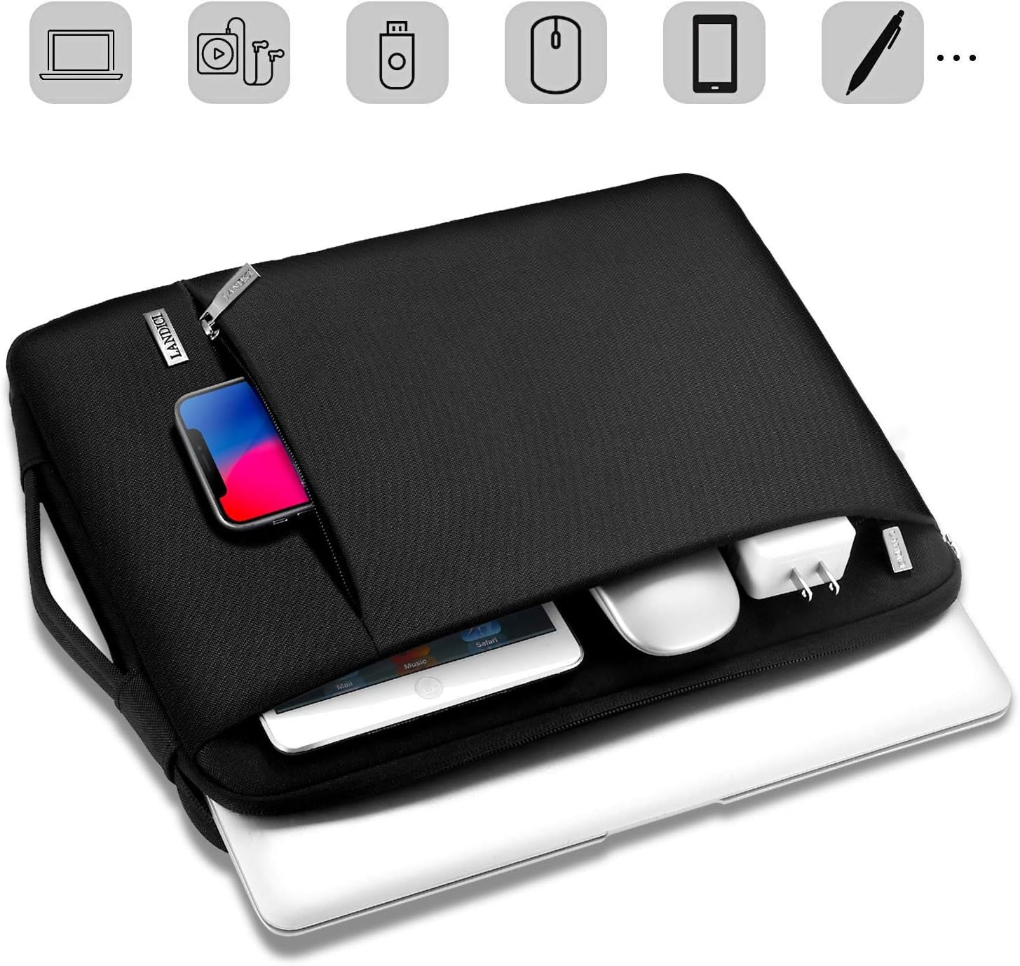 360 Shockproof 11.6in Sleeve showcasing a sleek design with multiple compartments for devices and accessories.