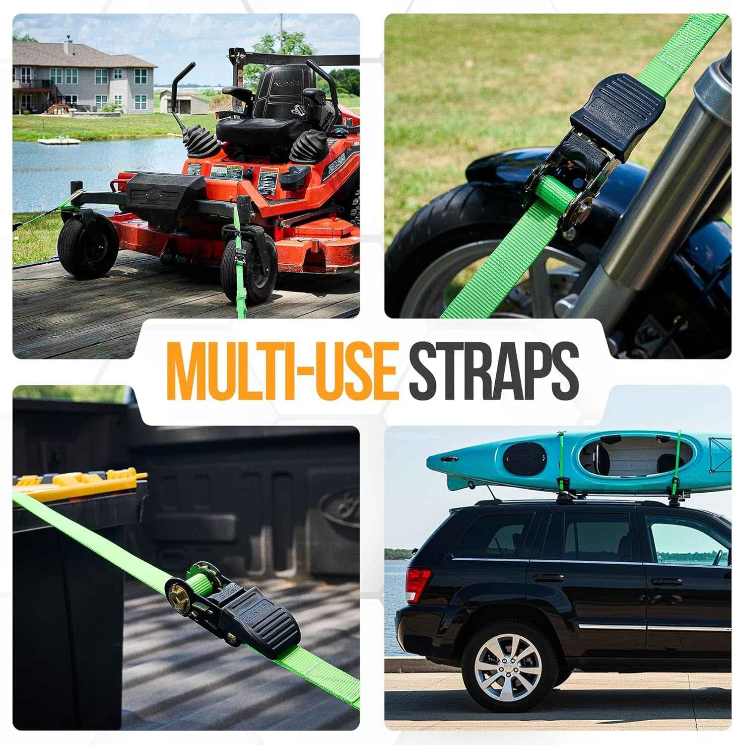 Ratchet Straps, Tie down Strap Set 1650Lb Break Strength, 4 Pack 15Ft X 1In, 4 Soft Loops, Moving Straps Tie Downs, Cargo Cam Buckles for Trucks, Carry Bag, for Men