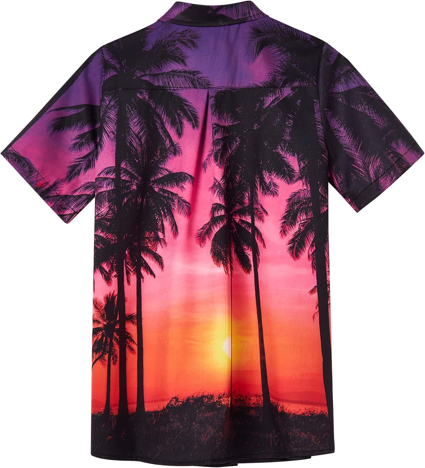 Boys 7-8 Hawaiian tee featuring vibrant sunset and palm trees, perfect for summer adventures.