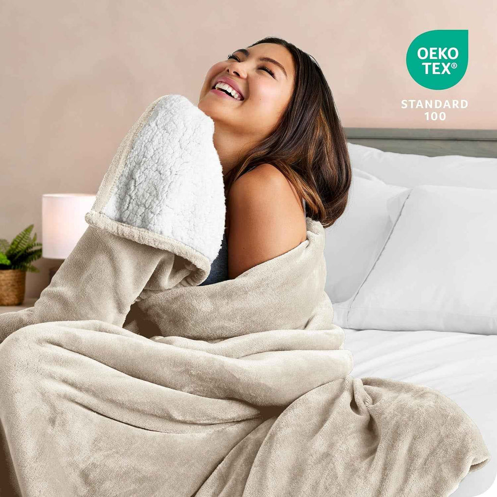 Sherpa Fleece Blanket - Throw/Travel Size - Blanket for Bed, Sofa, and Couch - Warm & Lightweight - Fluffy & Soft - Reversible (Throw/Travel, Oyster)