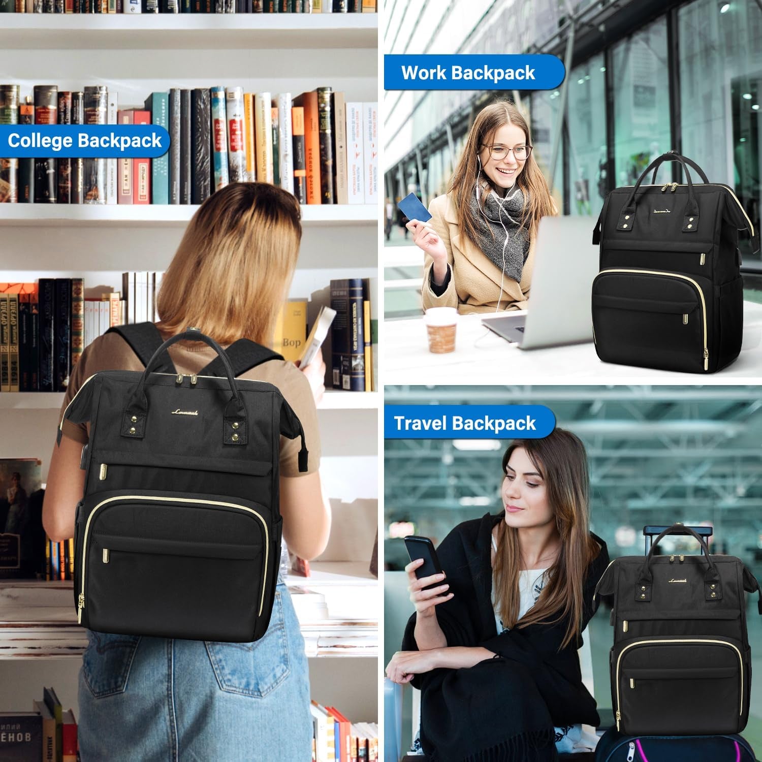 Laptop Backpack Women 15.6 Work Nurse Bag Black
