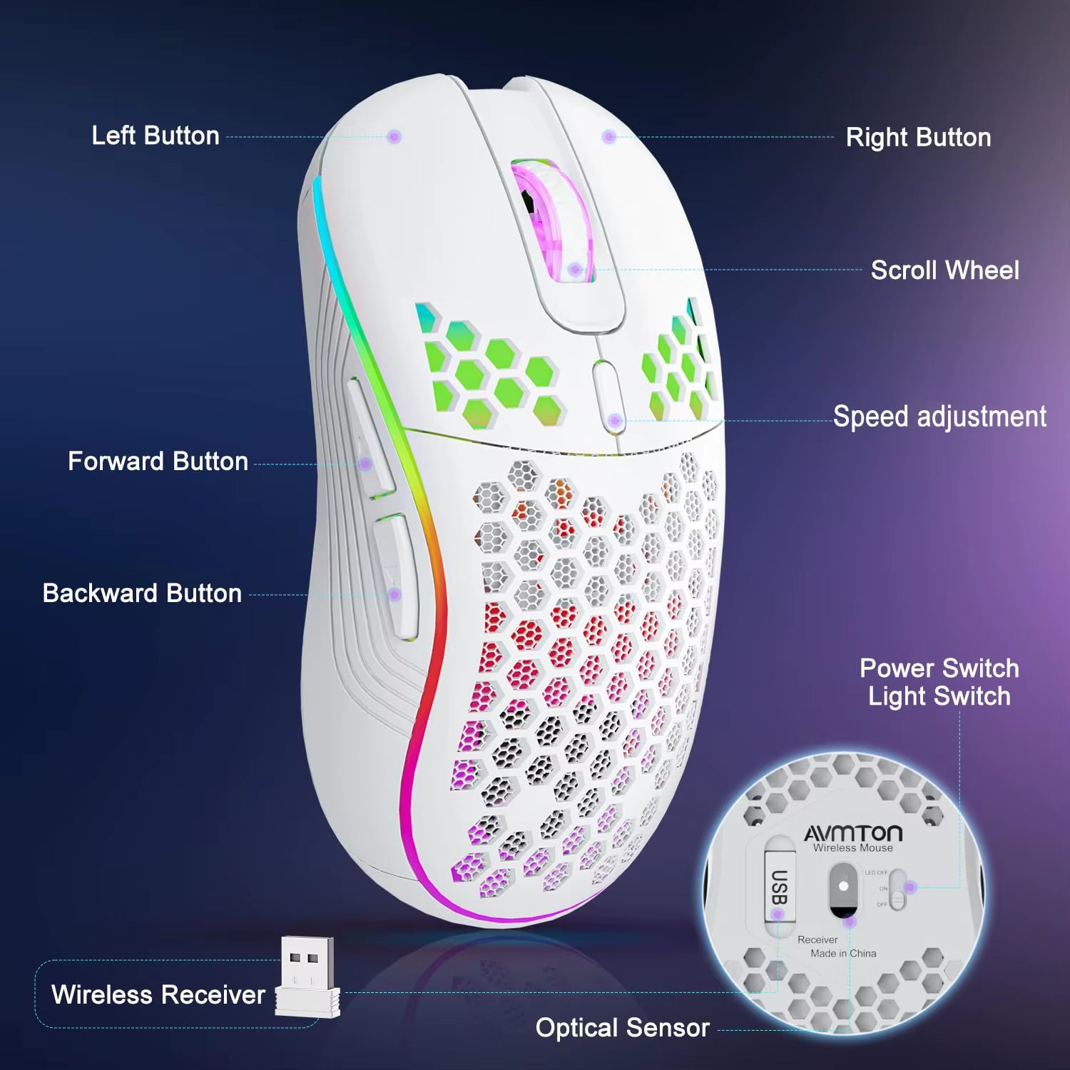 Products​2.4G Wireless Mouse with RGB Backlit 6-Button 3-Speed DPI Type C Rechargeable Ergonomic Honeycomb Design Gaming Mouse -Smartshelf Sales Smartshelf Sales