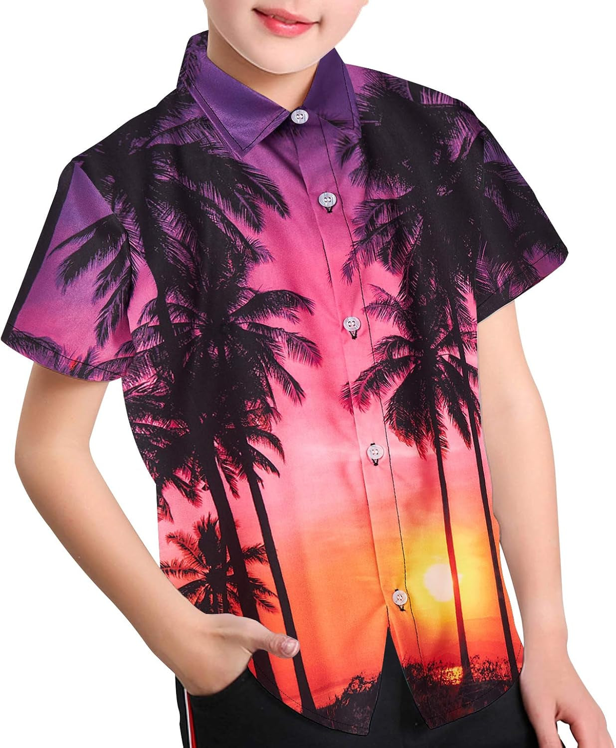 Boys 7-8 Hawaiian tee featuring a vibrant sunset and palm tree design, perfect for summer adventures.